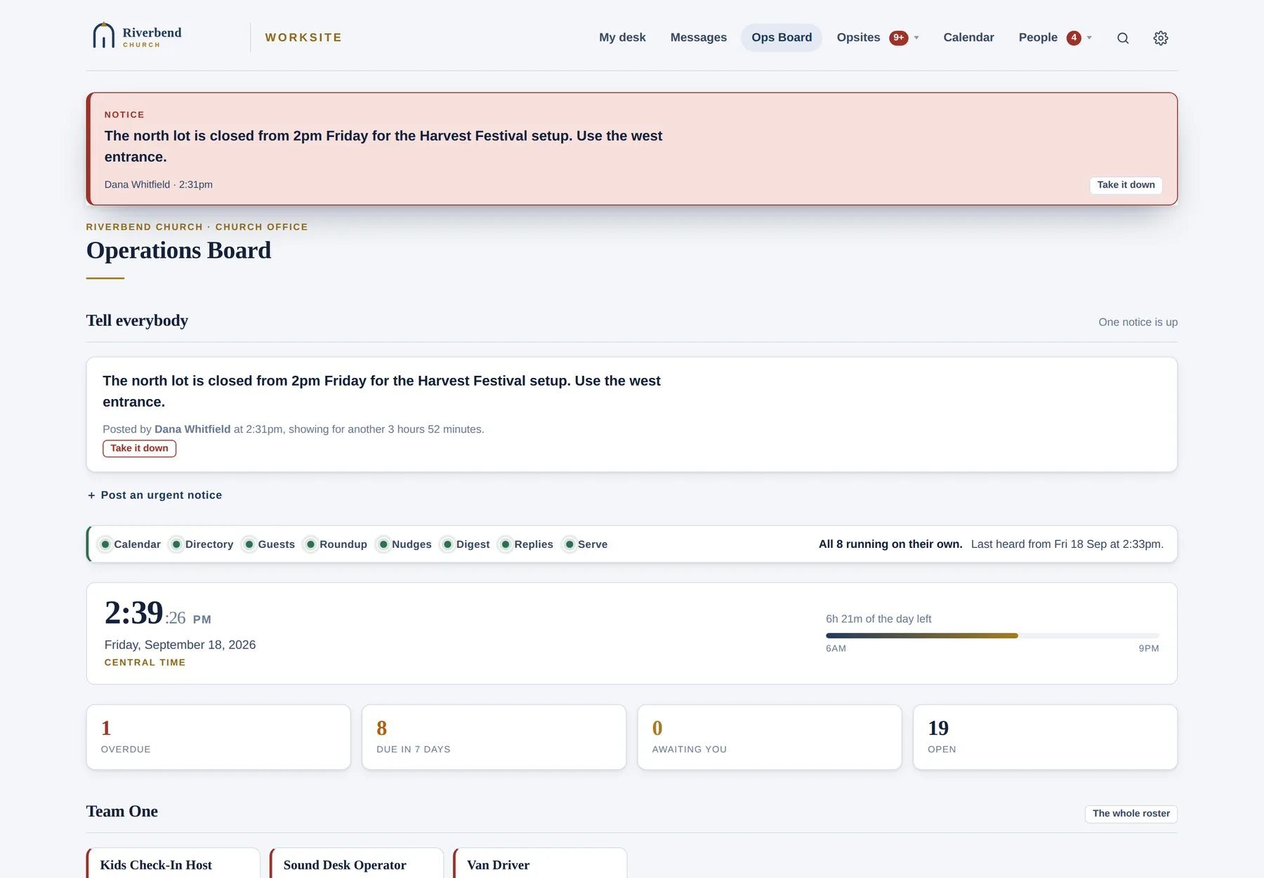 The Operations Board with an urgent notice, status lights for scheduled jobs and counts of overdue and upcoming work.