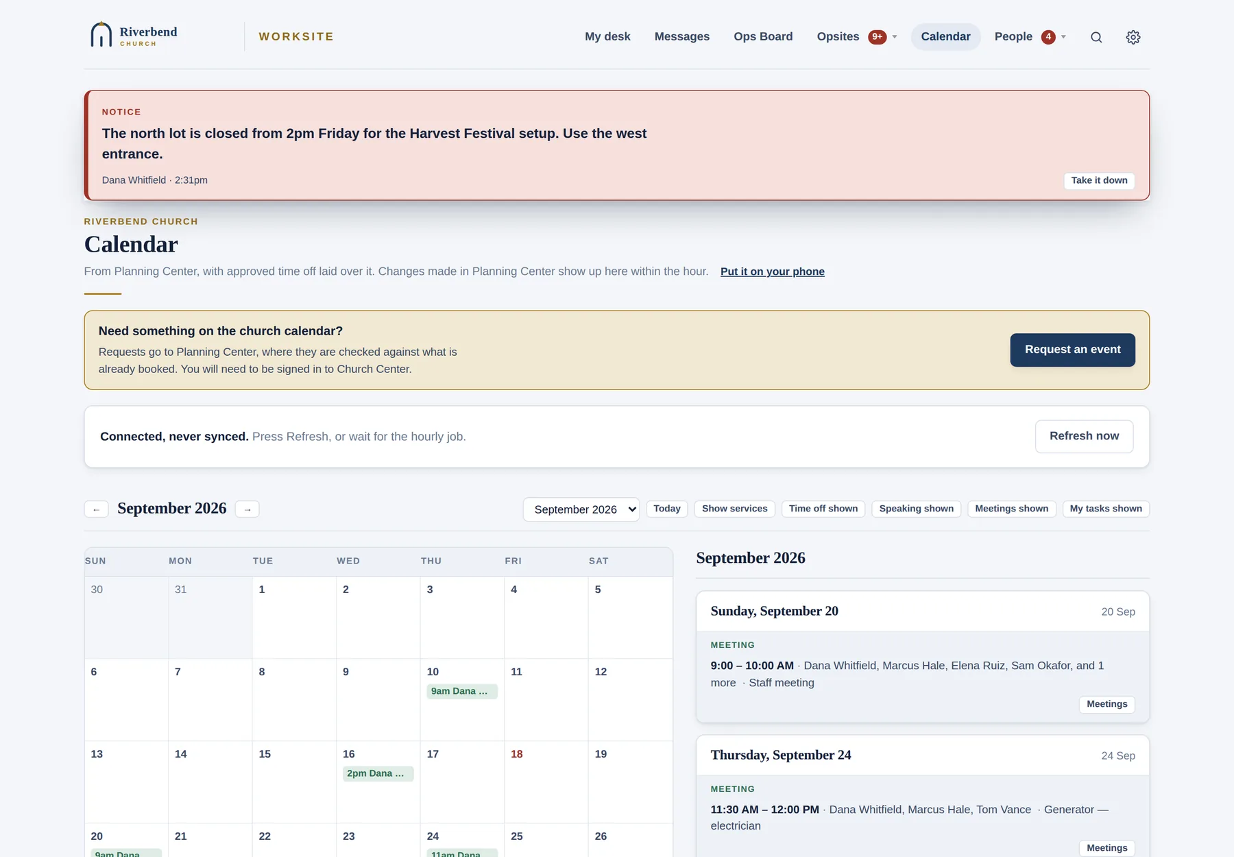 The Worksite calendar combining Planning Center events, service plans, time off and meetings.